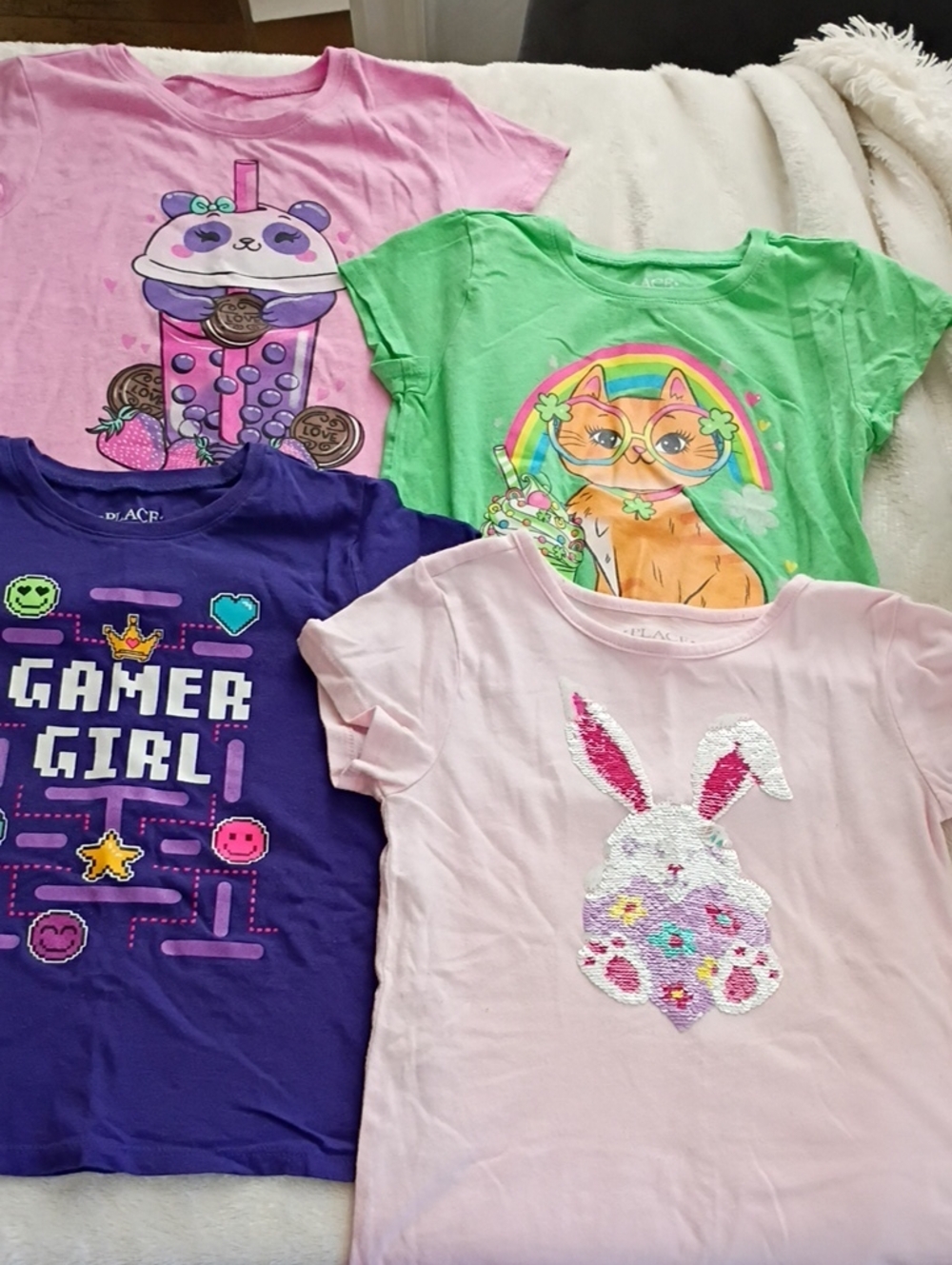 Place Girls (4) Short Sleeve Graphic Tees - Pink, Green, Purple, Light Pink